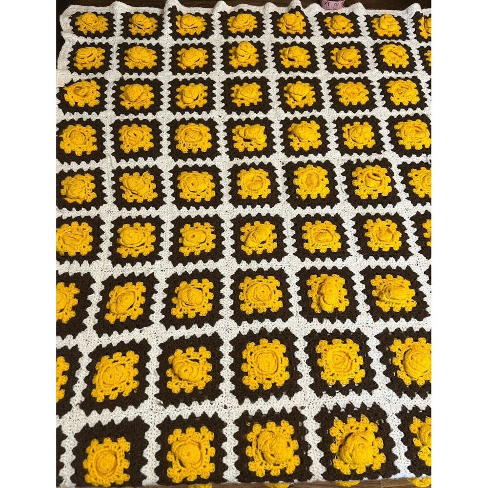 Handmade Crochet Knit Floral Granny Square Blanket Yellow Brown White 55”x42”‎